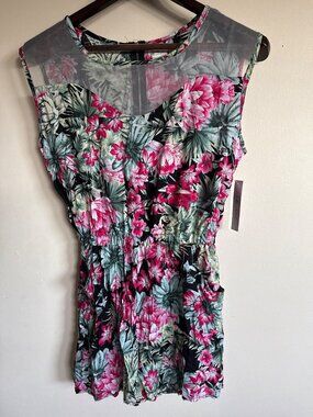 Soho Girls Womens Black Floral Sleeveless Romper W/ Sheer Yoke & Pockets NWT Siz